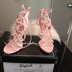 A peach suede Qupid lace up heel sandals
